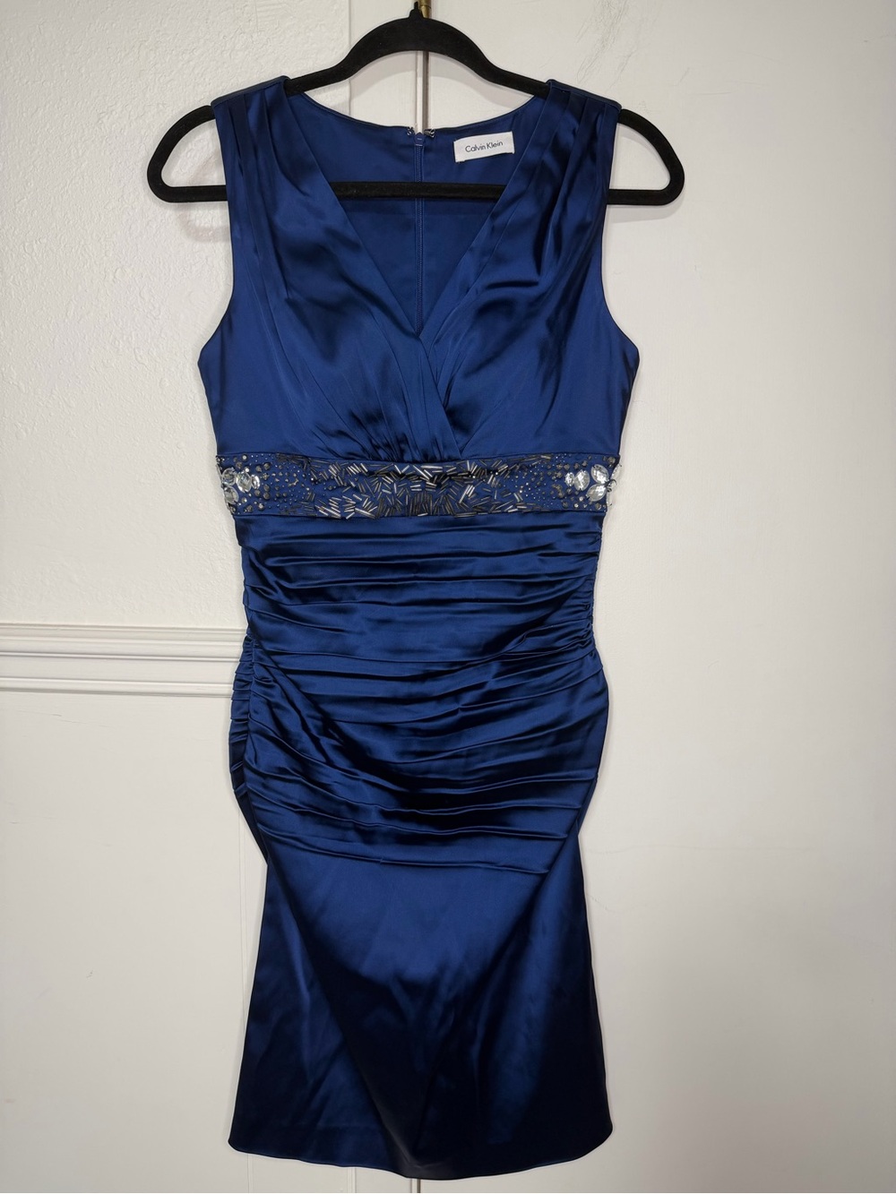 Calvin Klein Royal Blue Satin Sleeveless Sheath Dress with Embellished